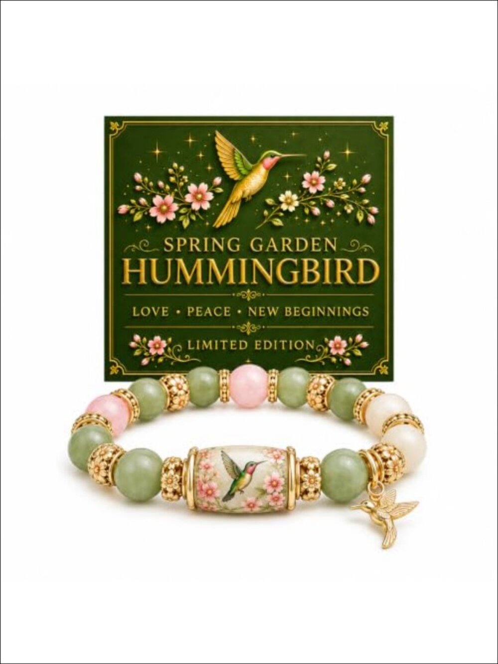 Beaded Stretch Bracelet Women Gold Tone Hummingbird Charm Gift
